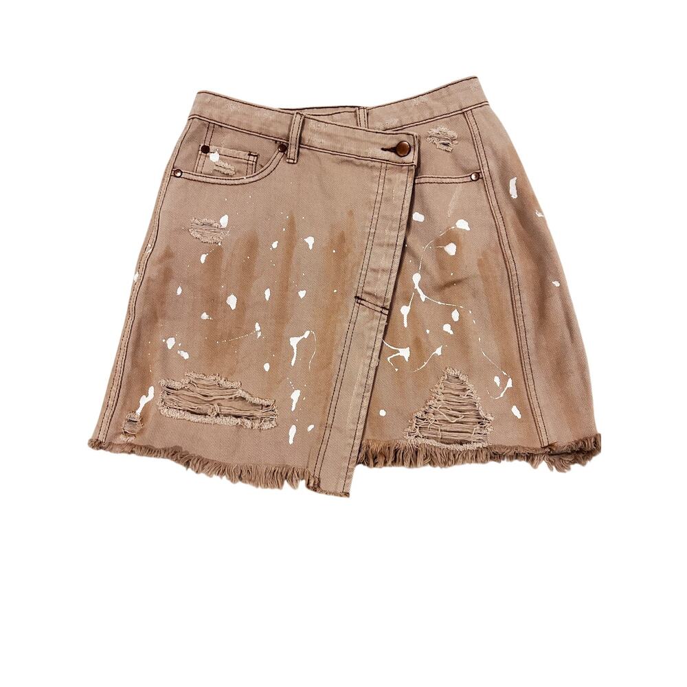 Easel Denim Skort Distressed Paint Splatter Raw Hem Wrap Skirt S
